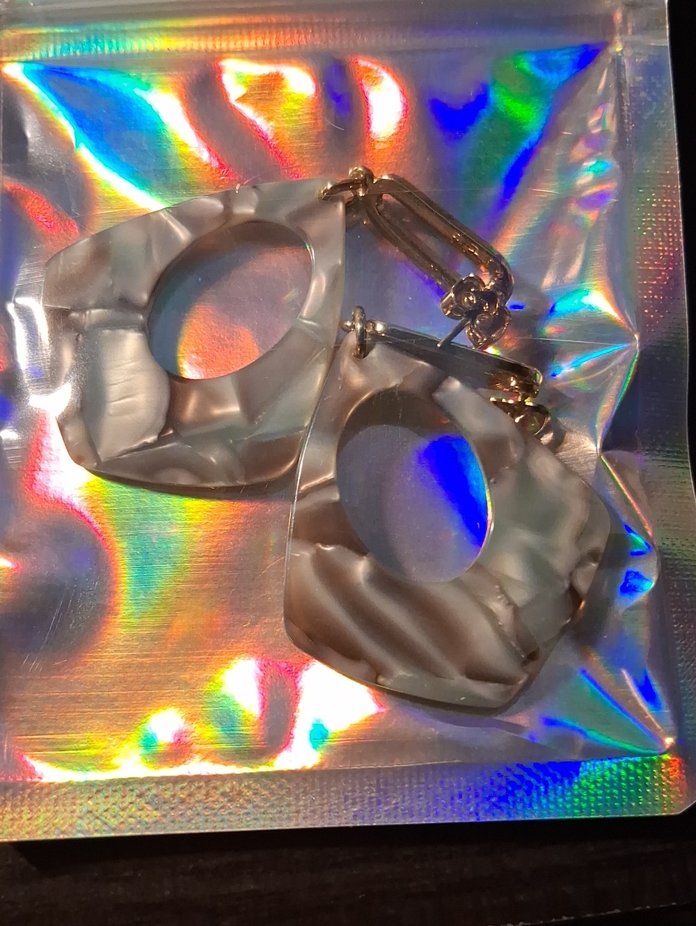 Source Unknown Gray Marble Resin Drop Earrings with Gold Accents